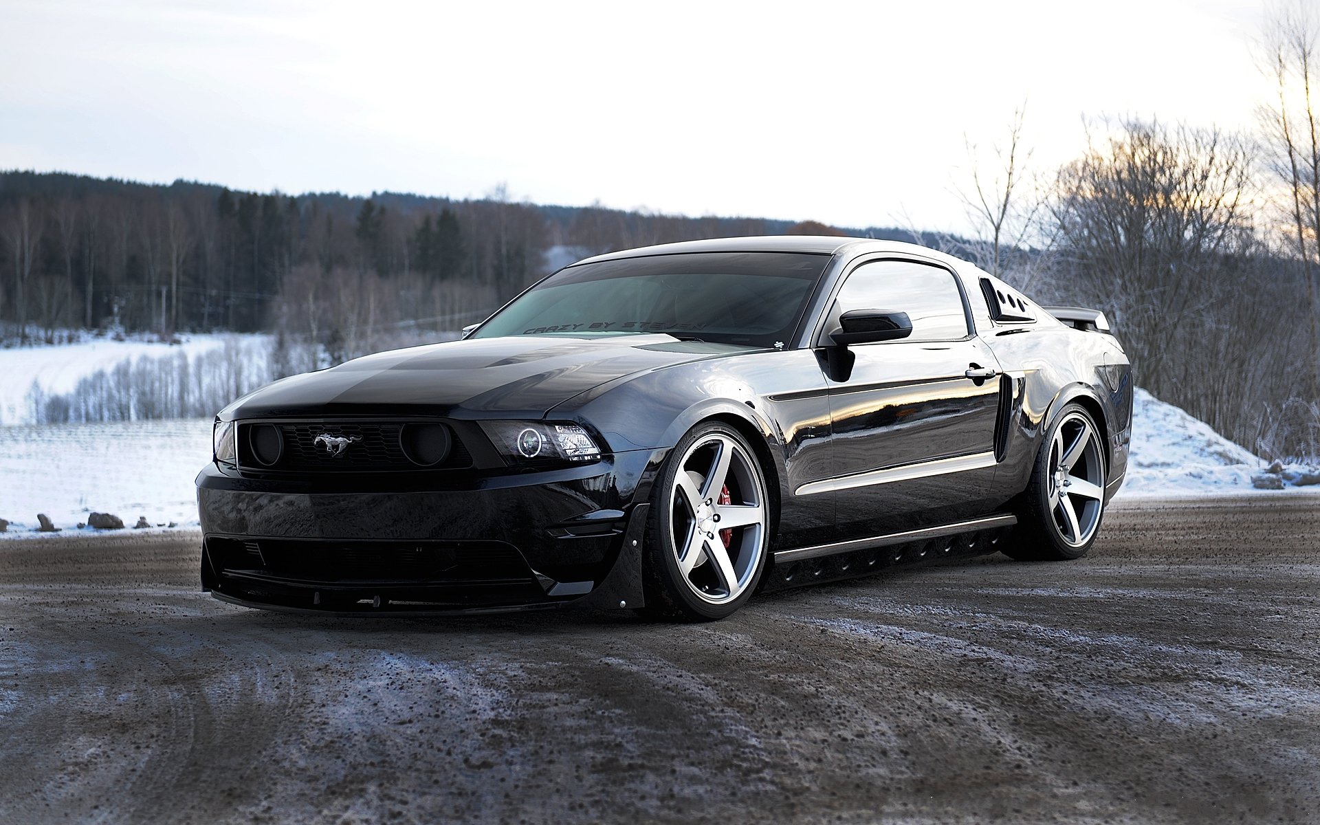 ford mustang czarny przód droga niebo drzewa