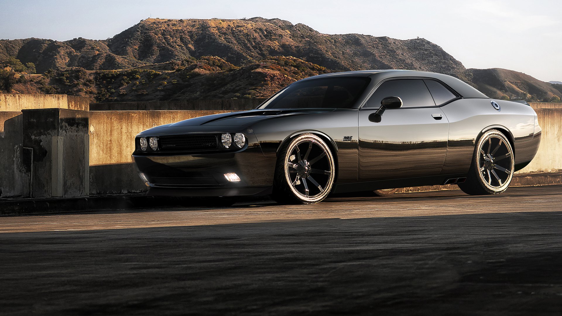 challenger srt8 black road mountain sky wall styling