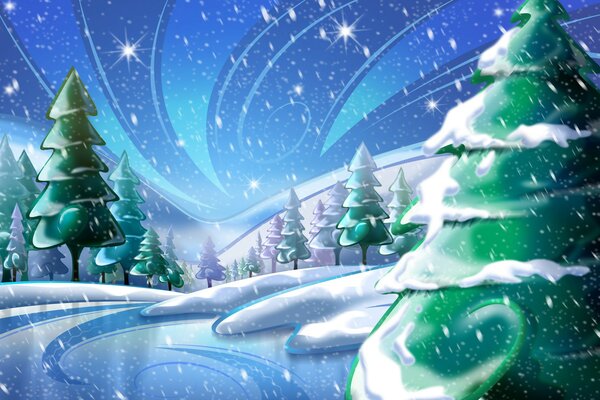 Zeichnung des Weihnachtsbaumes Winter und Schnee