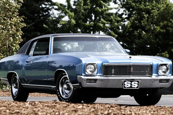 Stylish 1971 Chevrolet oil car on the background of beautiful nature