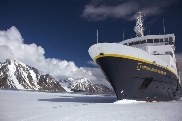 Expedition cruise ship in the ice floe