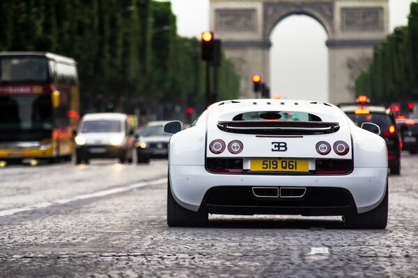 Bugatti on the streets of France rear view