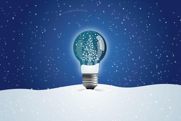 Lampe mit einem Weihnachtsbaum aus Schneeflocken auf dem Hintergrund des Sternenhimmels und des weißen Schnees