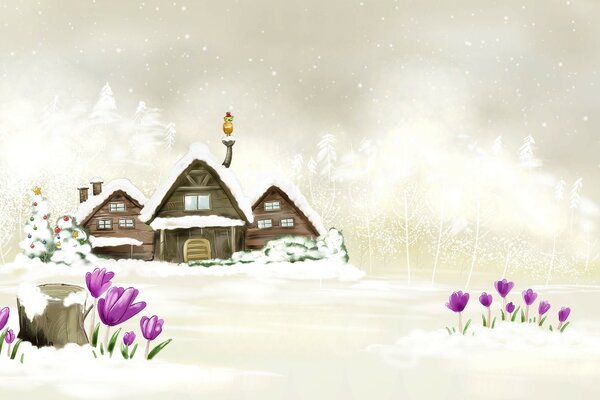 Winter landscape, lonely houses, a field with snowdrops sprouting through the snow