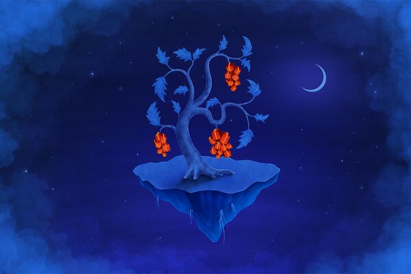 Baum mit Geschenken auf einer Insel, die in der Luft schwebt, vor dem Hintergrund des Nachthimmels mit Mond