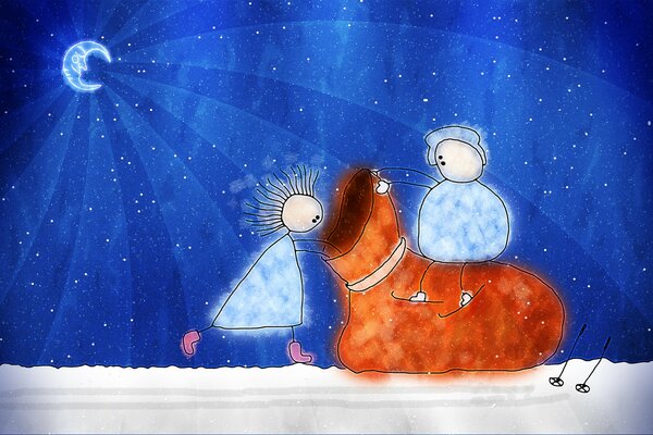 Two cartoon people play with a gift bag under the night moon