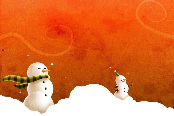 Милые снеговики стоят на снегу на оранжевом фоне