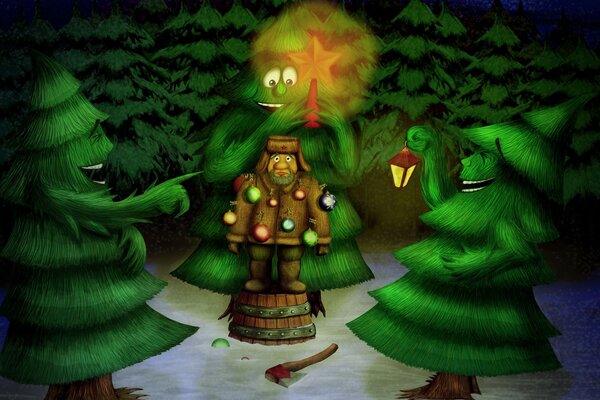 Christmas trees decorate the woodcutter laughing at night