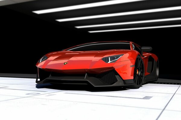 Red Lamborghini in the garage with light