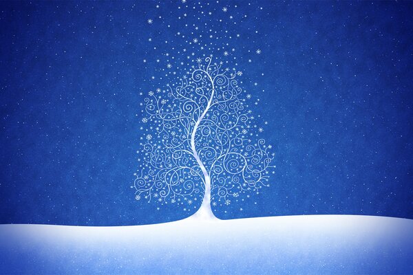 Árbol blanco como la nieve en la nieve sobre un fondo azul