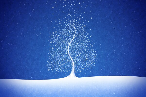 Белоснежное древо в снегу на синим фоне