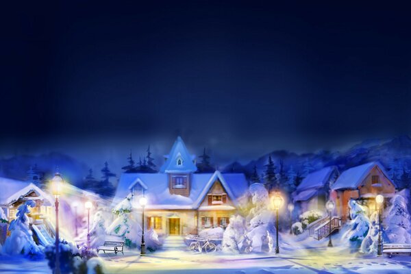 A night city covered with snow, houses illuminated by lanterns