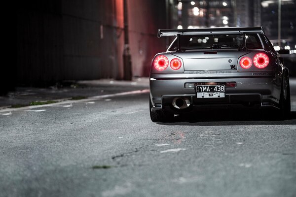 Nissan color metal in the alley by the lanterns