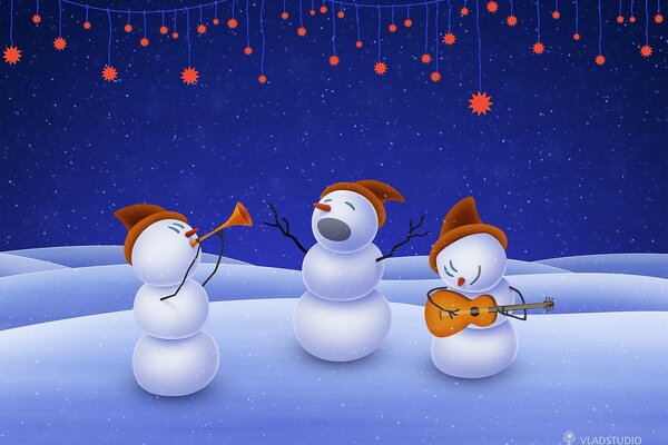 Christmas snowmen sing and play musical instruments against a blue sky background