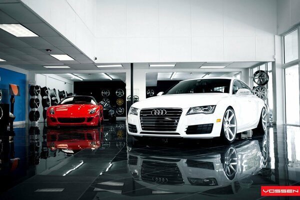 Audi a7 and ferrari 599 car in the cabin, desktop wallpapers