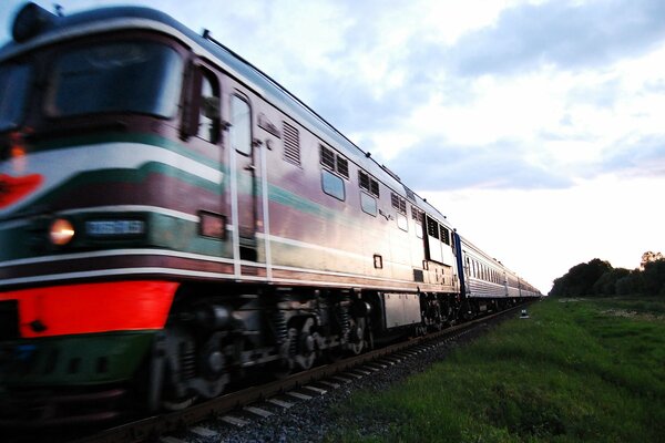 Train going in the evening among the fields