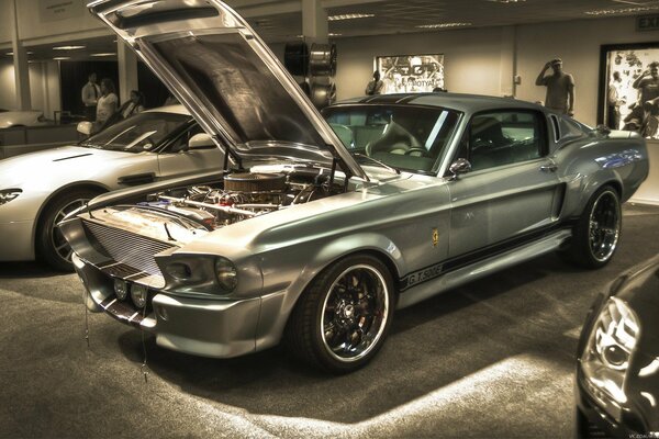 Mustang argento con cofano aperto