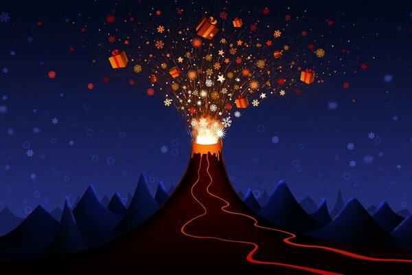 Volcanic eruption with gifts on a dark blue background with snowflakes