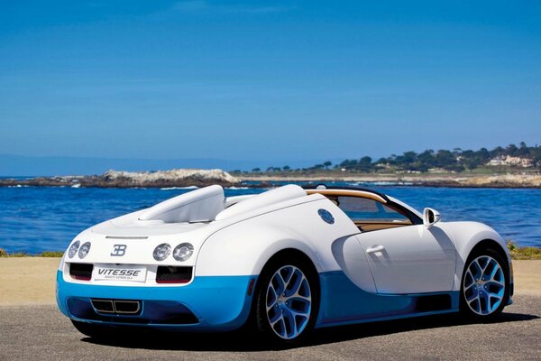 The handsome bugatti veyron. Sports car on the background of the sea