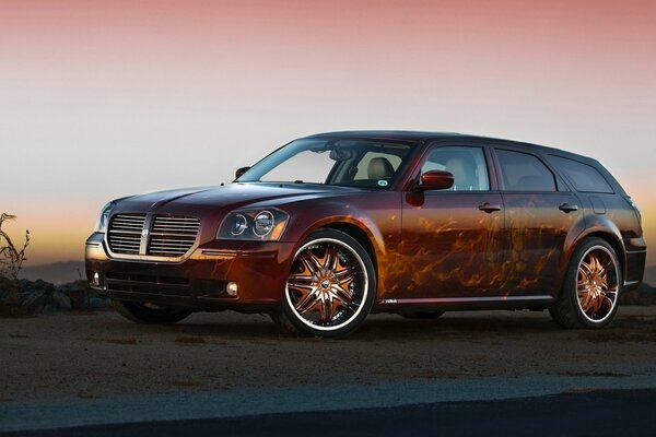 Luxury car under a tree at sunset