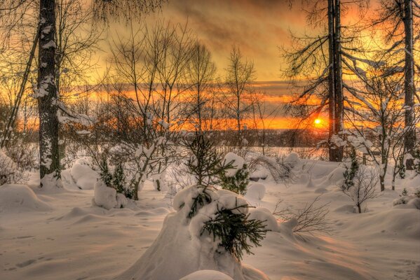 Fascinante naturaleza invernal con puesta de sol en el cielo y nubes blancas