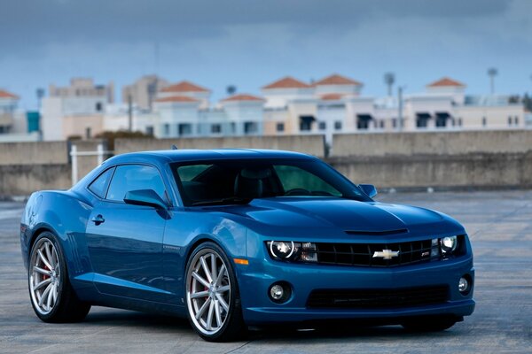 Blue chevrolet camaro ss on the background of the city