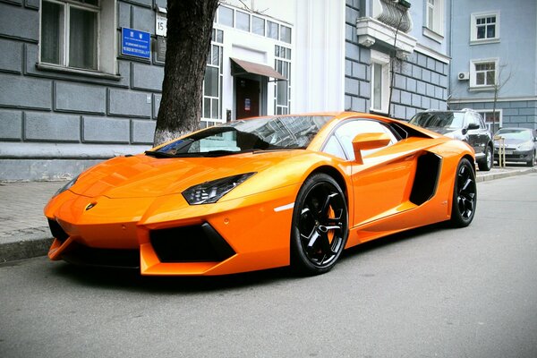 Orange Lamborghini Aventador dans la rue