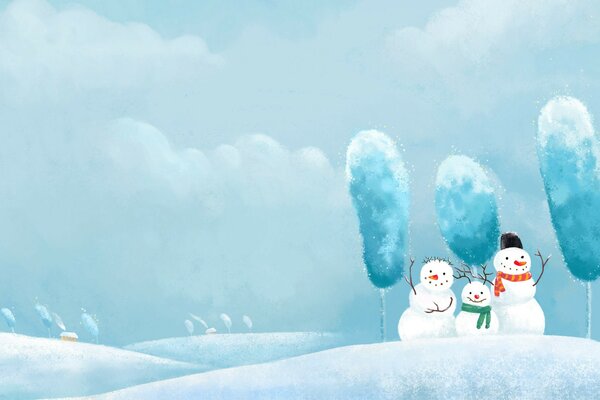 Three snowmen in the snow next to ice trees