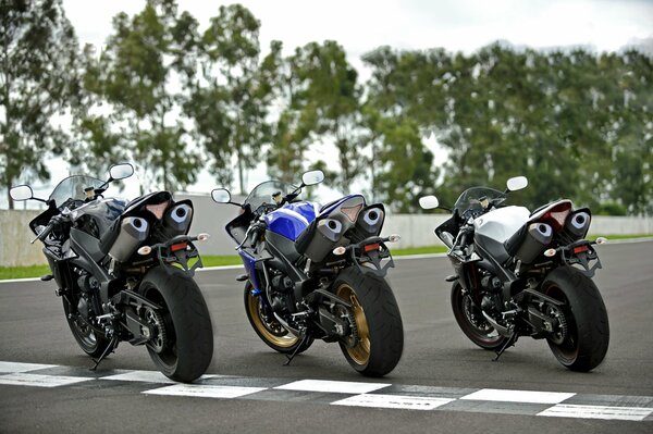 Three yamaha sportbikes lined up on the road