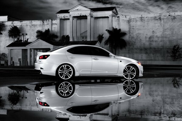 Eleganter weißer Lexus, der vom Boden reflektiert wird