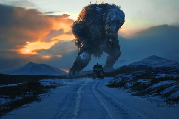 Un troll au coucher du soleil poursuit une voiture