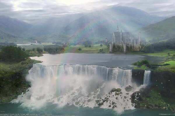 Fascinante paisaje con cascada y arco iris