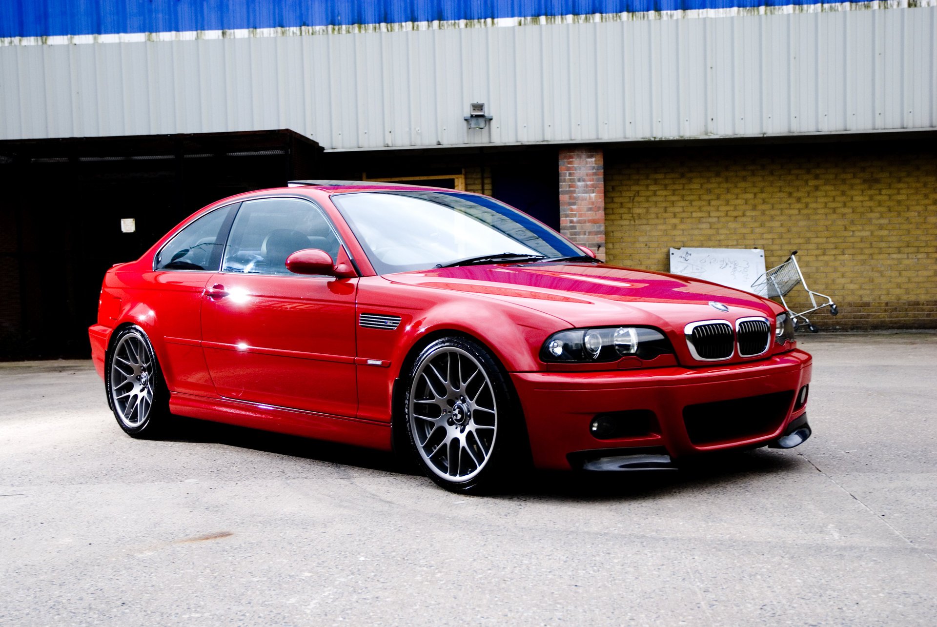 bmw m3 e46 red bmw red sports coupe building brick wall trolley