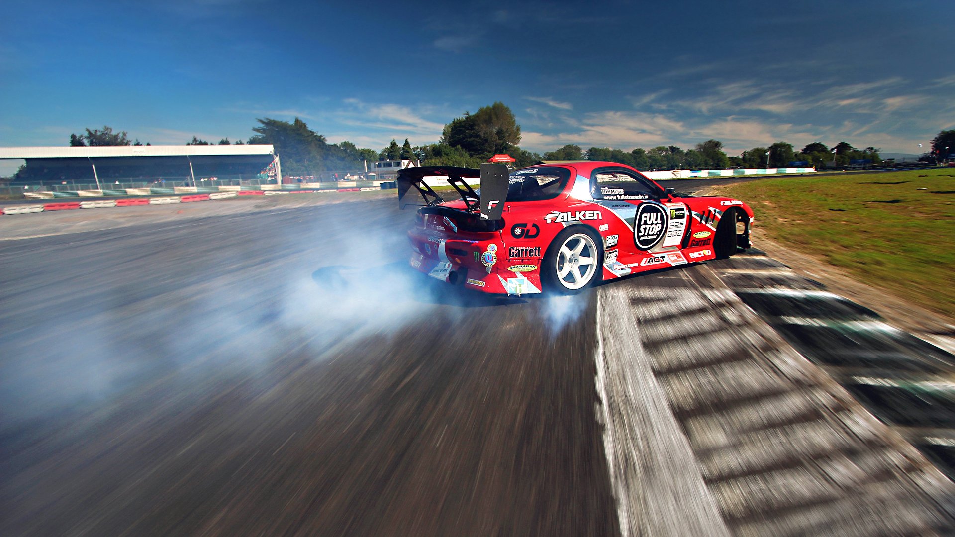 mazda rx-7 drift tuning red sportcar smoke competition sky