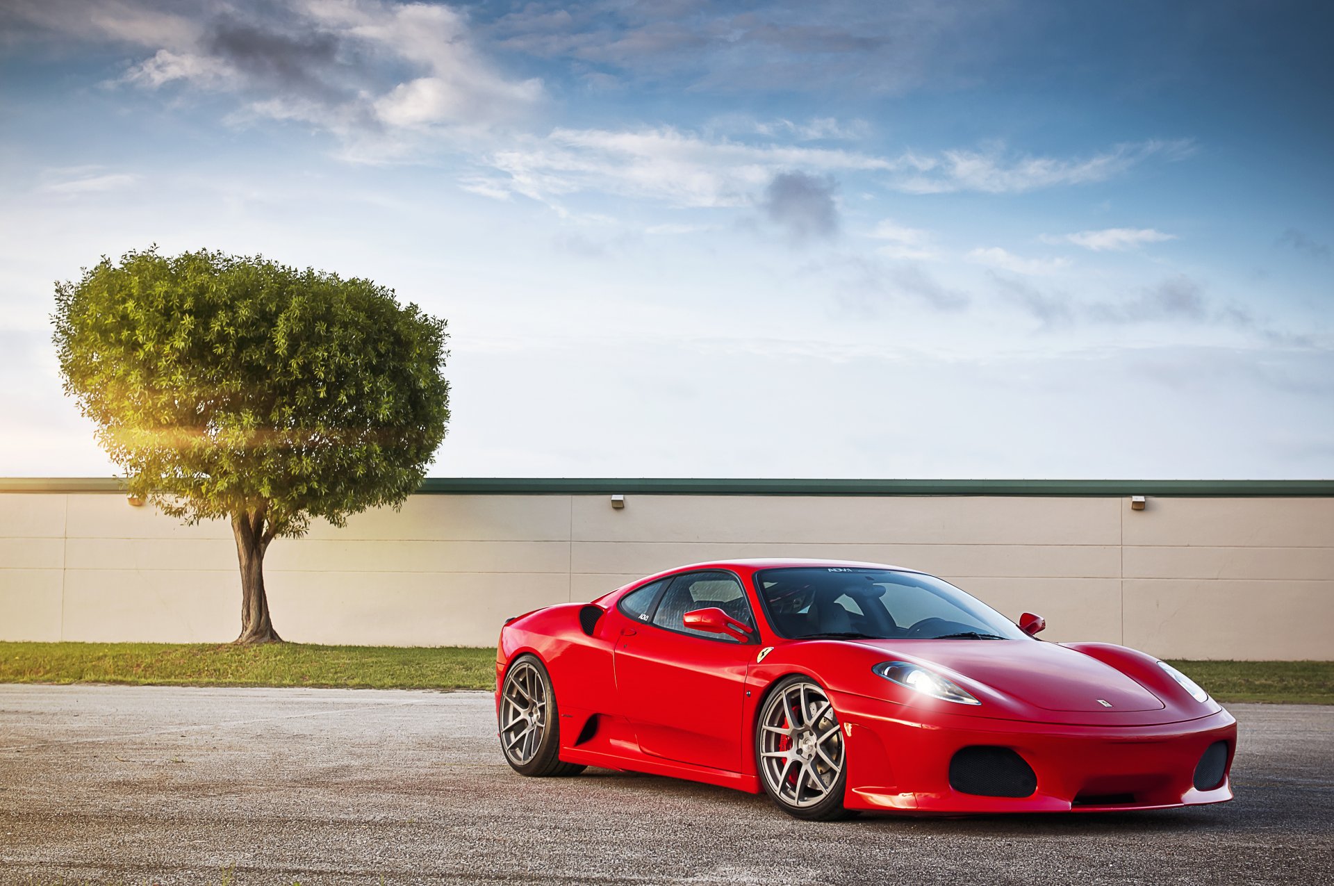 ferrari f430 red ferrara red tree sky clouds sun glare