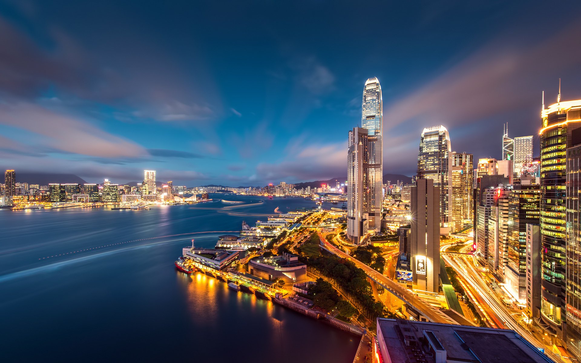 kyscrapers building bay hong kong lights the evening the sky