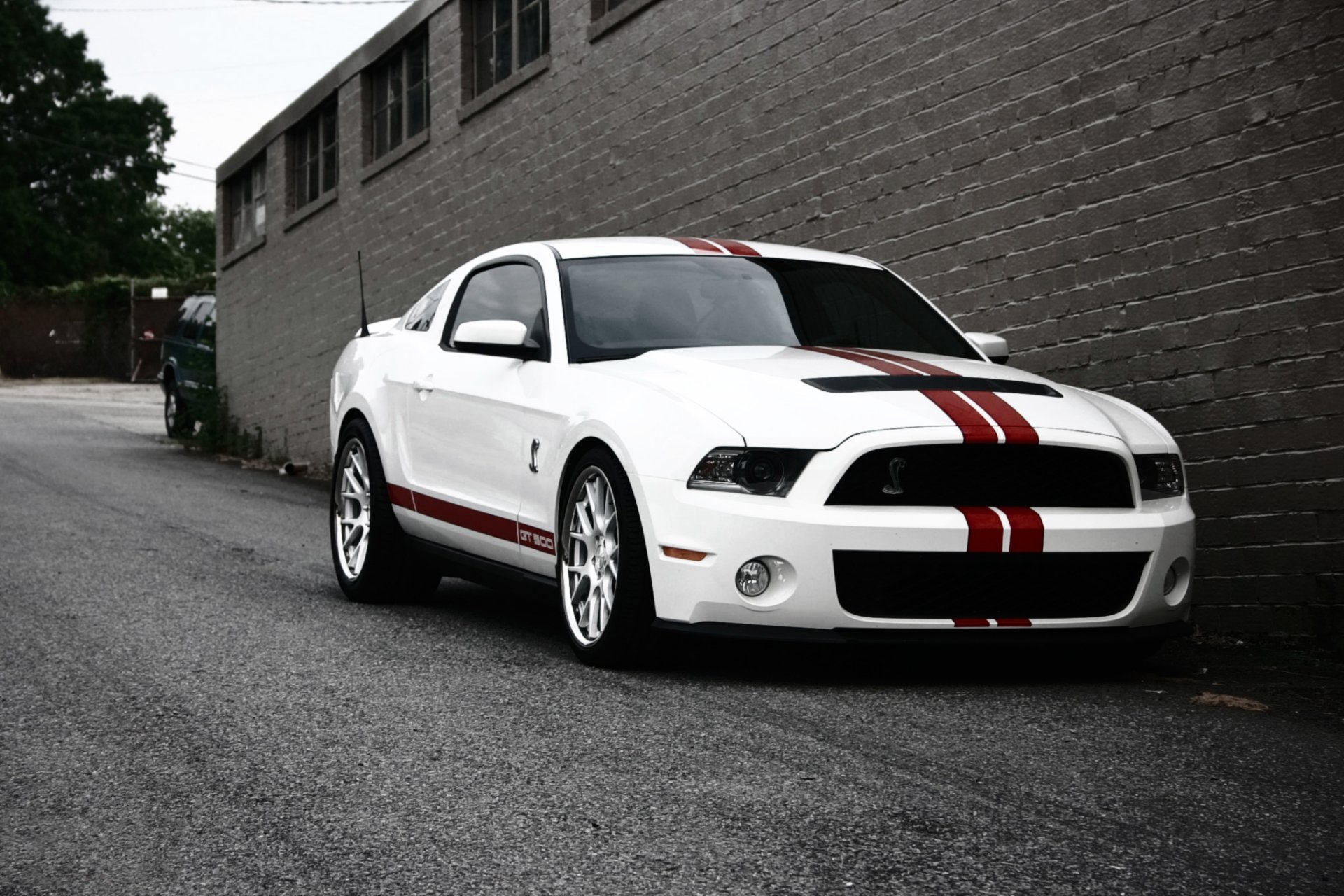 mustang shelby ford gt500 biały paski czerwone paski droga ściana