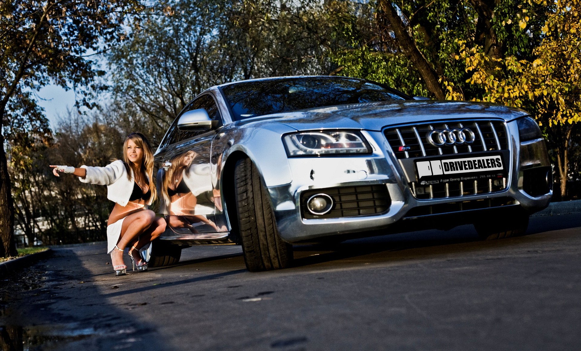 audi s5 car machine brilliant chrome autumn foliage girl beautiful blonde sitting squatting