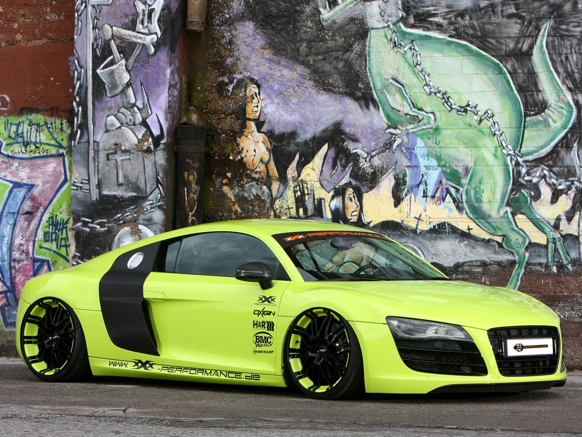 xxx rendimiento audi r8 v10 audi r8 b10 superdeportivo frente tuning llantas pared grafito fondo