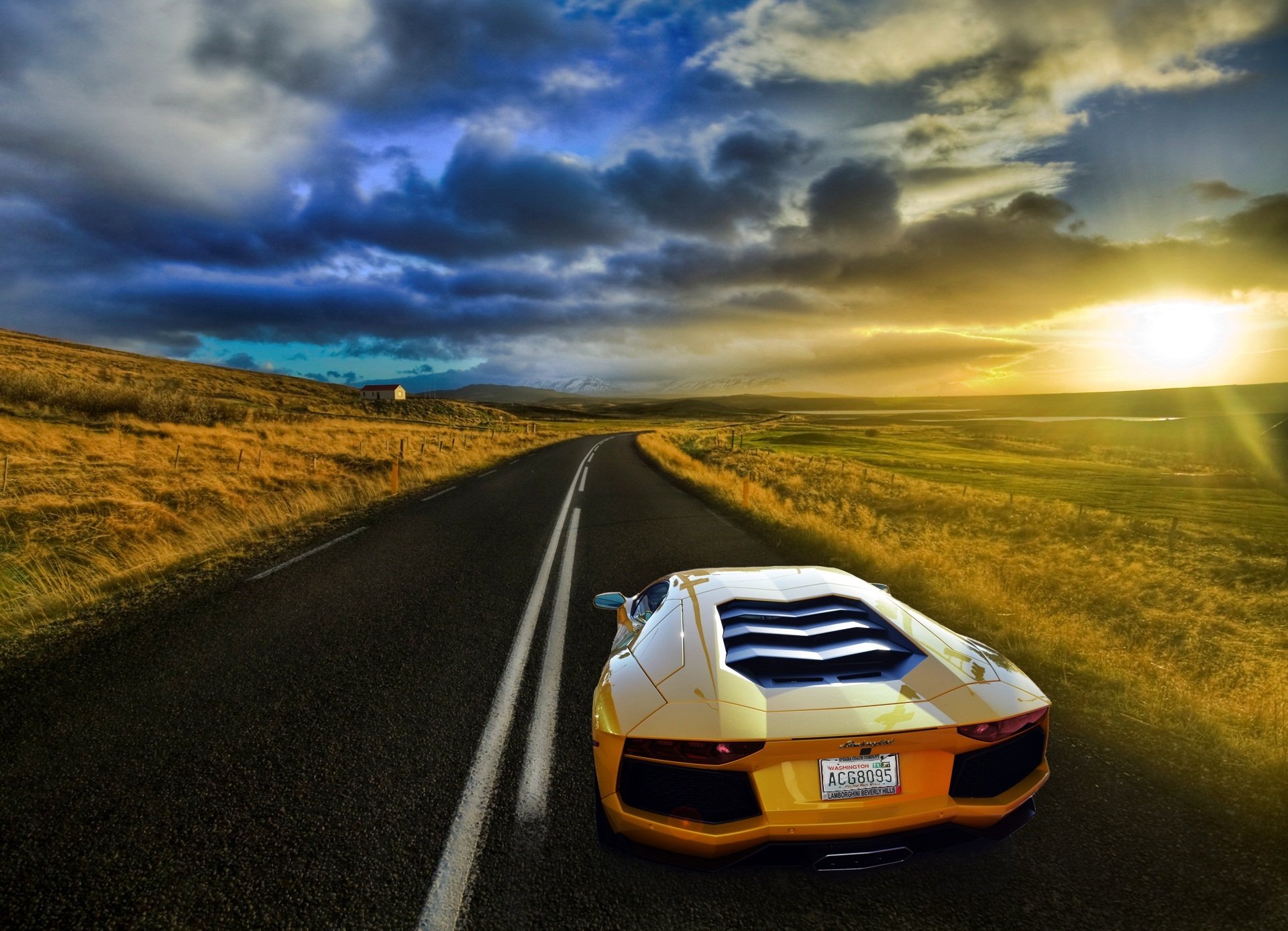 lamborghini aventador lp700-4 lb834 jaune lamborghini lamborghini aventador champ route ciel soleil éblouissement