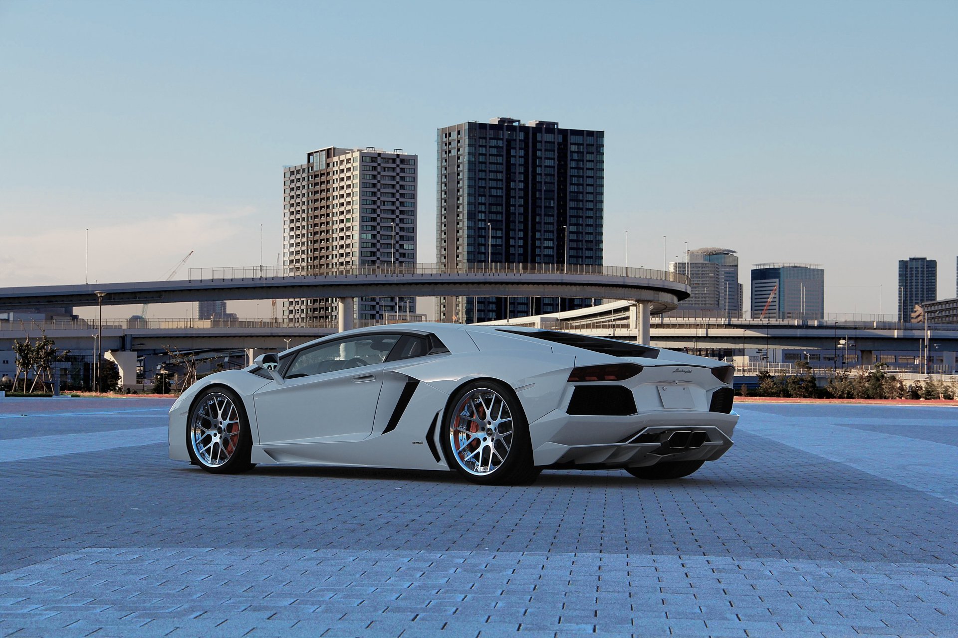 lamborghini aventador lp700-4 белый ламборгини авентадор вид сзади небо эстакада