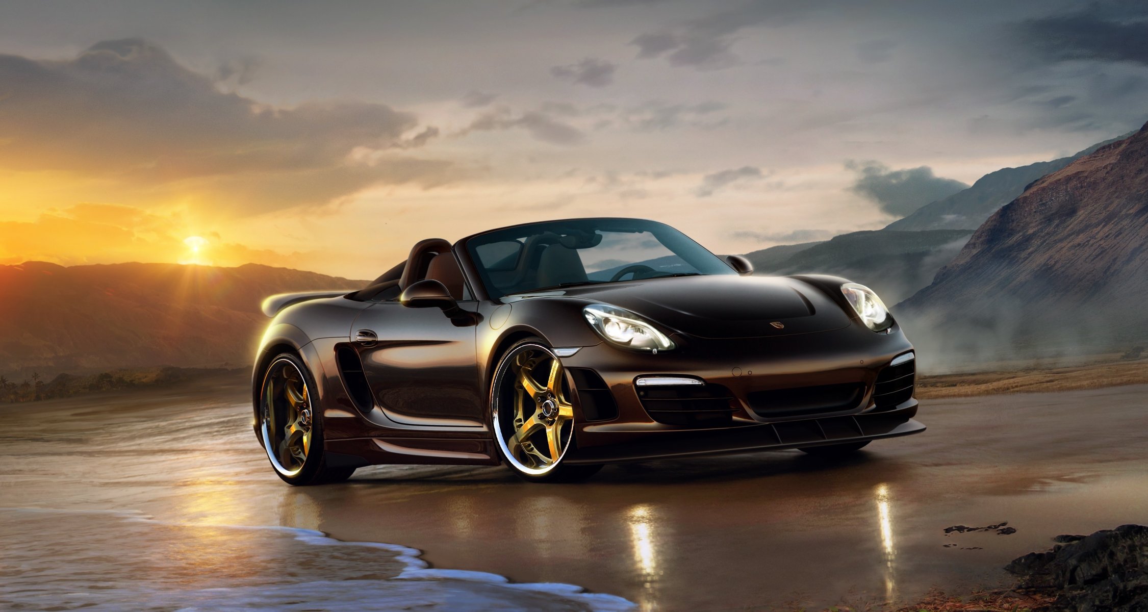 porsche boxster beach sea stones sunset convertible