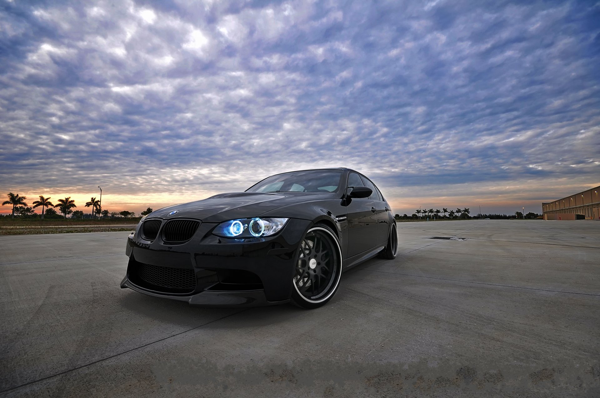 bmw m3 e90 black sky sunset bmw clouds palm tree