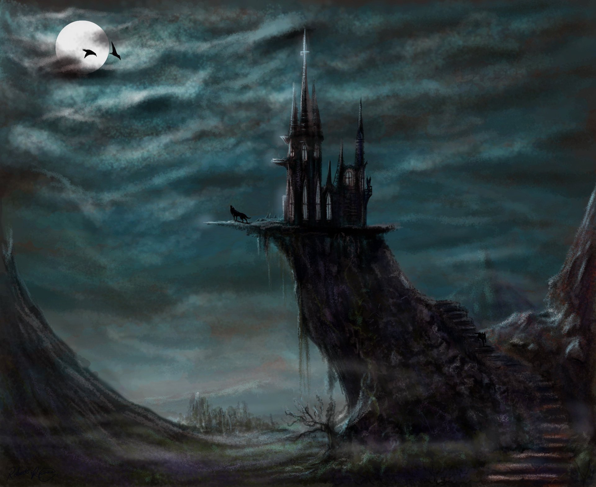 evil castle zamek sztuka wilk fantasy noc księżyc