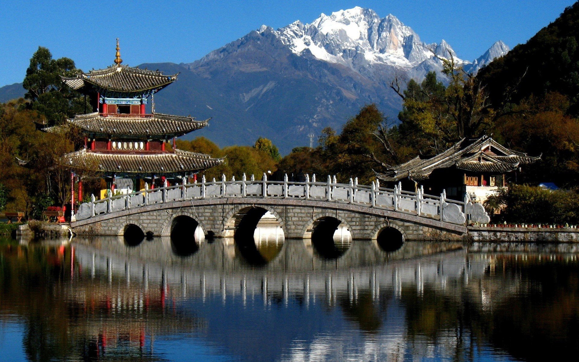 pagoda puente árboles río montañas china