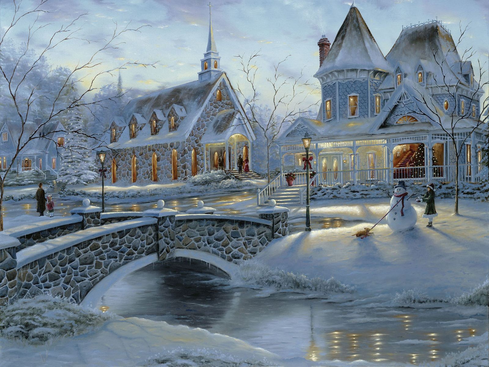 robert final vacaciones invierno navidad árbol de navidad casas personas puente muñeco de nieve pintura arte