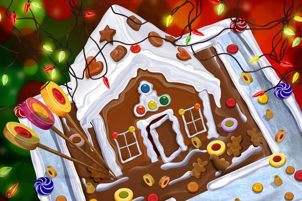 Weihnachtshaus mit Süßigkeiten und Girlanden um ihn herum