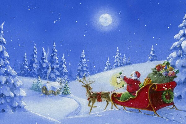 Retro Christmas card with Santa Claus in a sleigh