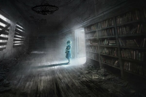 Chica animada en una biblioteca abandonada