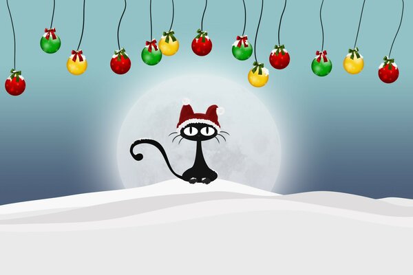 Gatto di Capodanno tra neve e palle